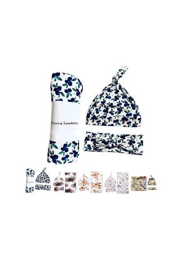 Sones Yeni Doğan Bebek Üç Parçalı Kundak Atkı Şapka Kafa Bandı Çiçek-4 Çok Renkli