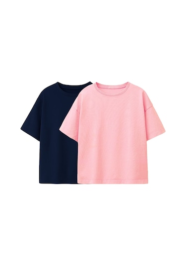 Zuzunga Basic 2'li Kız Çocuk Bisiklet Yaka T-shirt Lacivert - Pembe Pembe