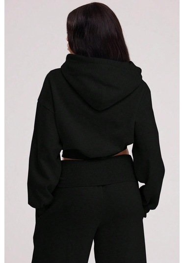 Brz Collection Relaxed Fit Basic Crop Hoodie Siyah Siyah