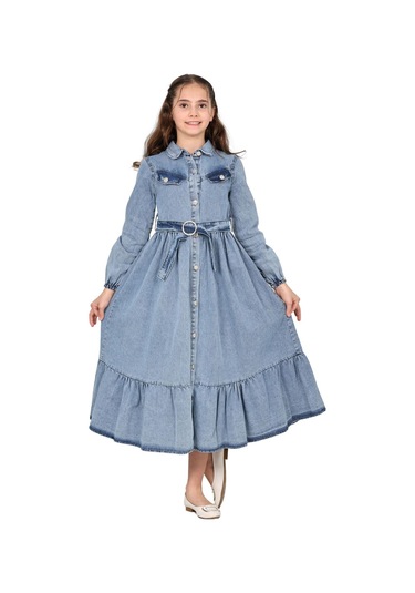 Kız Çocuk Kot Elbise Denim Kumaş Pamuklu Uzun Kot Jean Elbise Buz Mavi