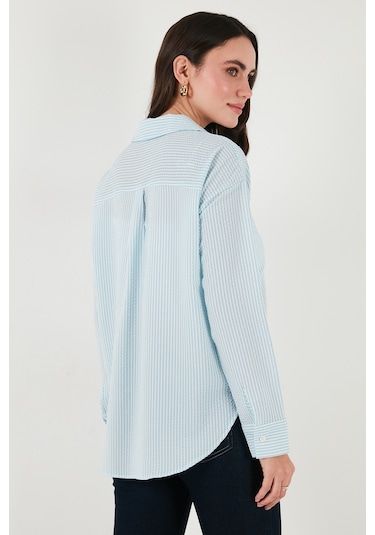 Lela Regular Fit Uzun Kollu Cepli Çizgili Bayan Gömlek 6772895 Bebe Mavi
