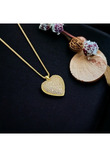 Çelik Top Zincirli Bombeli Taşlı Kalp Kolye