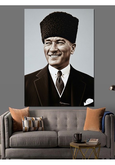 Atatürk Gülümseyen Siyah Beyaz Dekoratif Kanvas - Mdf Ahşap Tablo