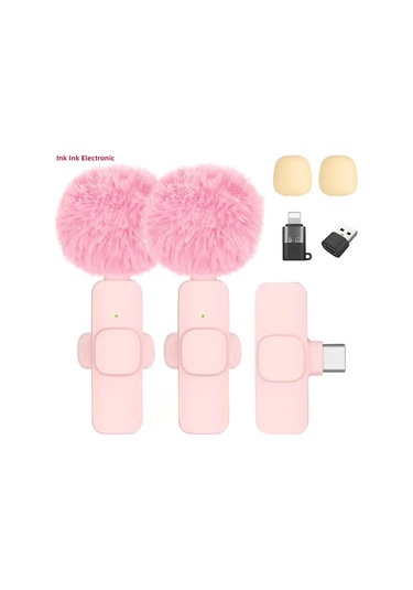 Kablosuz Lavalier Mikrofon Taşınabilir Video Kayıt Mini Mikrofon Pembe 1in1- İos