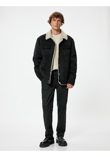Koton Süet Görünümlü Ceket Slim Fit Peluş Detaylı Gömlek Yaka Siyah 5wam20075hw Siyah