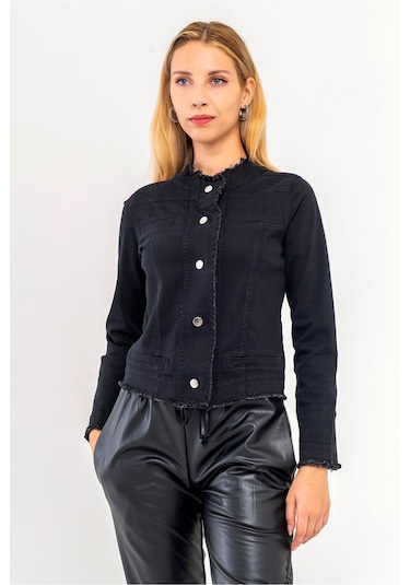 Bold & Young Kadın Yağ Yeşili Power Strech Çıt Çıtlı Slim Fit Denim Ceket Siyah