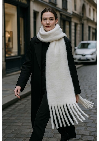 Kadın Püskül Detay Atkı Omuz Şalı 40x200 Cm 1295 Ekru Ekru
