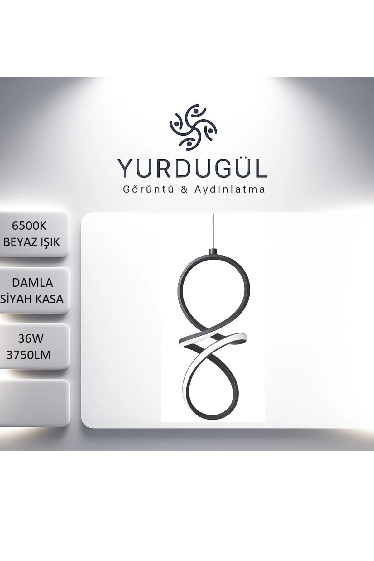 Siyah Kasa Ultra Power Beyaz Ledli Avize Sarkıt Tekli Avize Siyah