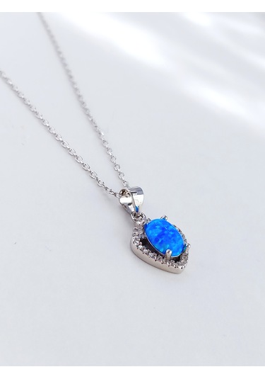 Keskin Gümüş Mavi Opal Taşlı Işıltılı Kalp Tasarım Kadın Gümüş Kolye