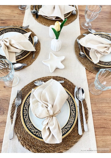 Şık Tasarım 50x250cm %100 Pamuk Ham Keten Amerikan Runner, Vintage Runner, Keten Amerikan Runner Bej