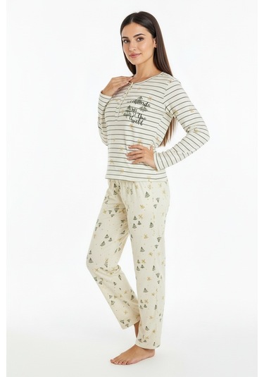 Üstü Yazılı Altı Çam Ağacı Desenli Elite Viscose Pijama Takımı Uzun Ekru 3568 Bej