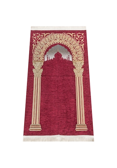 Taç Mahal Desenli Şönil Seccade Bordo
