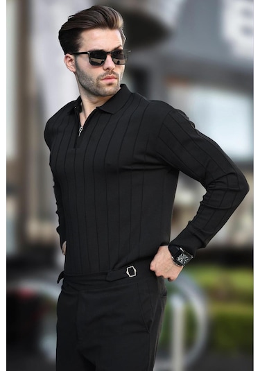 Madmext Siyah Polo Yaka Fermuarlı Örme Kazak 7242-siyah Siyah