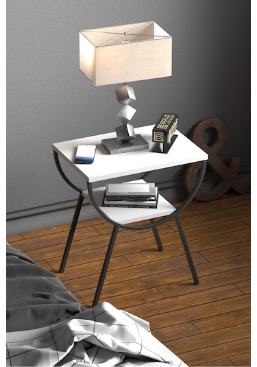 Yan Sehpa Komodin Metal Ayak Beyaz Beyaz Düz