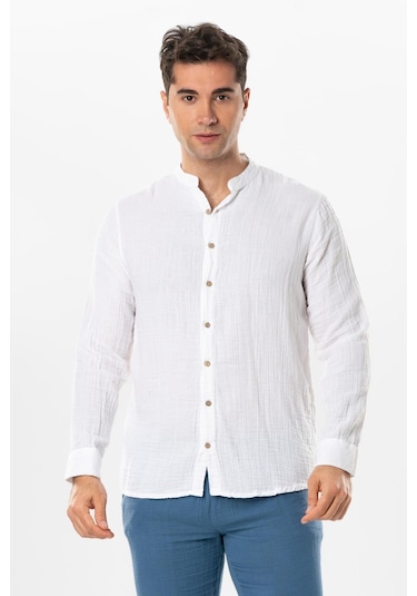 Uzun Kol Hakim Yaka Erkek Müslin Yazlık Gömlek Beyaz Byz-beyaz Beyaz