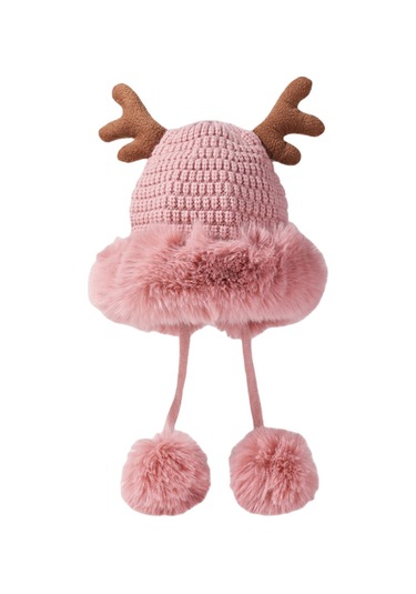 Kadınlar İçin Şık Noel Temalı Örgü Kulaklıklı Bere Renkli Boynuz Detaylı Sıcak Kış Şapkası Pembe