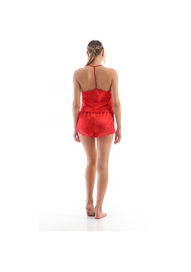 Laperissa Kadın Kırmızı Dantel Detaylı Saten Pijama Takımı Şık Ve Romantik İp Askılı Uyku Seti Kırmızı