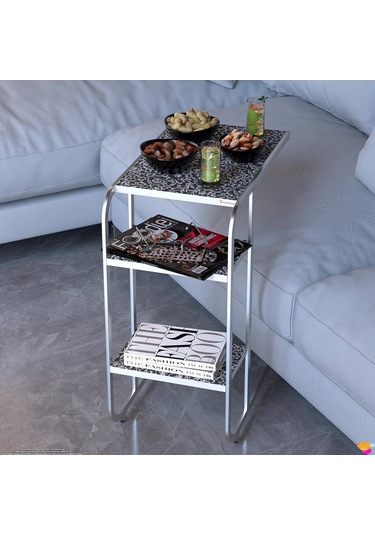 Modilayn C Yan Sehpa Dar Boy Tekerlekli Çalışma, Atıştırmalık, Yemek, Laptop Sehpası Siyah Desenli Siyah