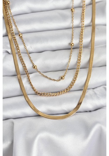 316l Çelik Gold Renk 3'lü Kadın Kolye Eb-bko10630 Çok Renkli