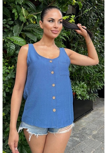 Kadın İndigo Yuvarlak Yaka Ve Düğme Detaylı, Kalın Askılı Keten Atlet Bluz Indigo