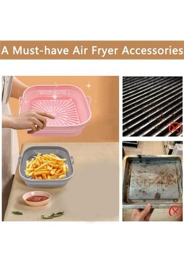 Air Fryer Silikon Kaplamalar, Kare Tekrar Kullanılabilir Air Fryer Kaplamalar Katlanabilir Pembe&gri Gri - Pembe