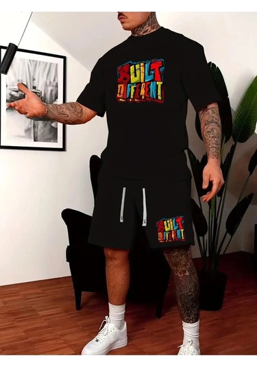 Startmore Erkek Beyaz''renkli Built Different Baskılı'' Basic Oversize T-shirt- Şort Takım Strup0000000000014 Siyah