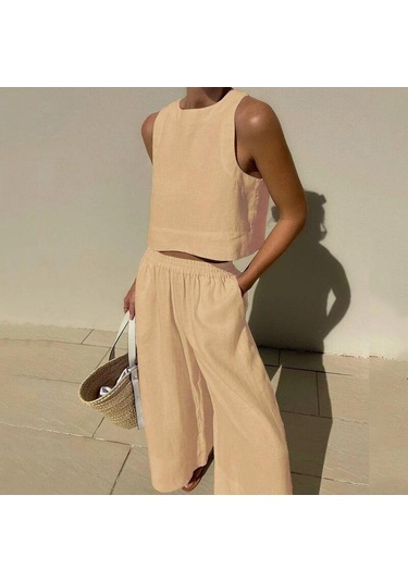 Rahat Yaz Iki Parçalı Set Kolsuz Kıyafetler O Boyun Üstleri Ve Gevşek Geniş Bacak Pantolon Seti Kadın Katı 2 Parça Takım Elbise Giysileri 27723 Haki