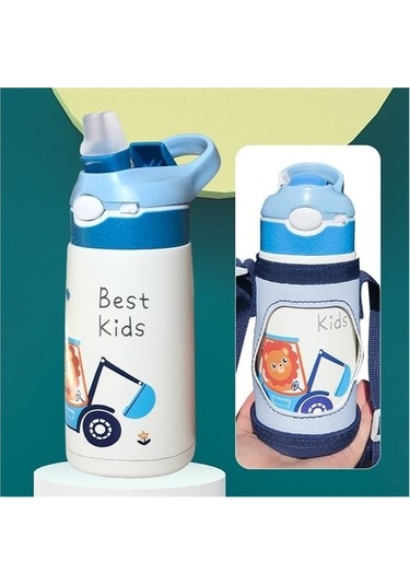 Paslanmaz Çelik Su Bardağı Çocuk Termos Bardak Bardak Kollu Ve Pipetli Edzhll Açık Mavi