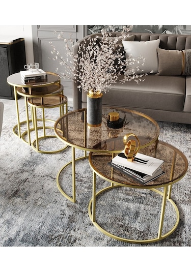 Dekoport Milas Gold Orta Ve Zigon Sehpa Seti - Bronz Cam Gold Bronz