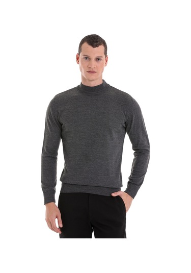 Hatemoğlu Gri Regular Fit Düz Yarım Balıkçı Yaka Yünlü Triko Kazak Gri