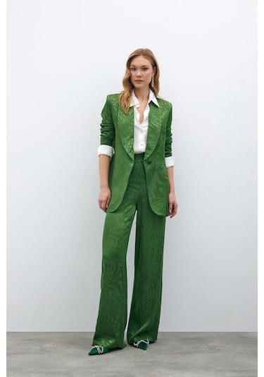 Sateen Desenli Saten Pantolon - Yeşil-134958 Yeşil