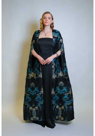 Crystalia Özel Turkuaz Desen Jakar Kumaş Ve Straplez Saten Elbise Kaftan Set Çok Renkli