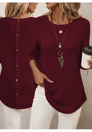 Tua Moda Kadın Uzun Kollu Yuvarlak Yaka Arkadan Düğmeli Waffle Bluz Bordo