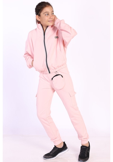 Toontoy Kız Çocuk Cüzdan Detaylı Eşofman Takımı Pudra