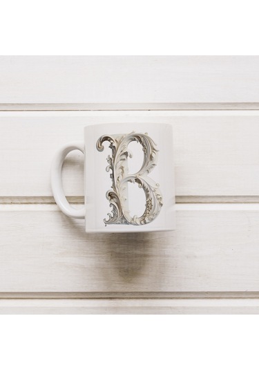 B Harfi Bardak, Monogram 330 Ml Barok Oymalı Görünüm Beyaz