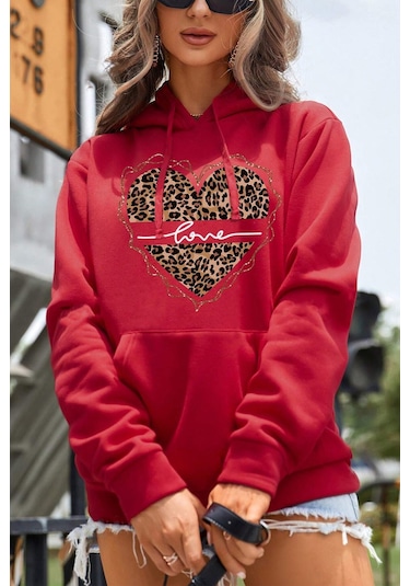 Kalp Baskılı Oversize Sweatshirt Kırmızı
