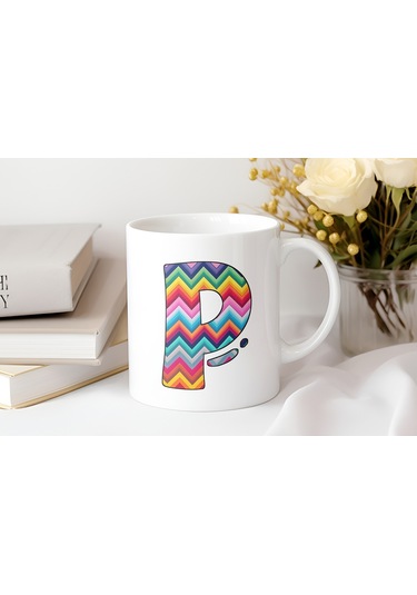 P Harfi Renkli Zigzag Desenli Kupa Bardak - Afrika Tarz Etnik Tasarım Kupa - Kişiye Özel Beyaz