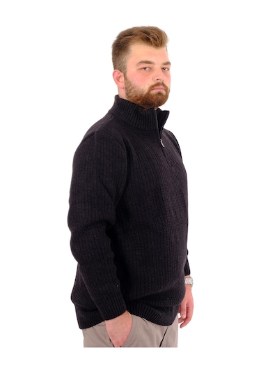 Mode Xl Büyük Beden Erkek Triko Kazak Yarım Fermuarlı Dik Yaka 24209 Siyah Siyah