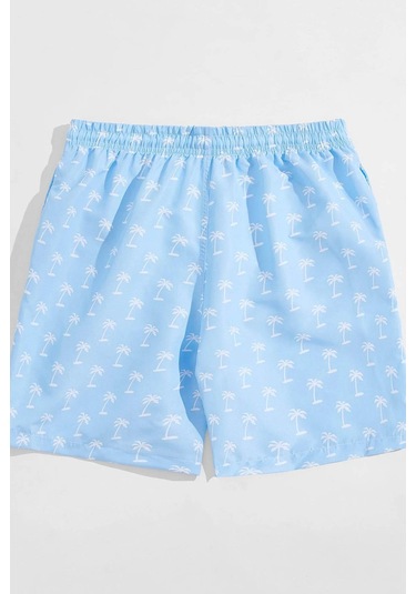 Angelsin Erkek Basic Standart Boy Şık Palmiye Baskılı Mayo Cepli Deniz Şortu Mavi
