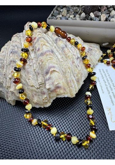 Kehribar Bebek Diş Çıkarma Kolyesi Altın