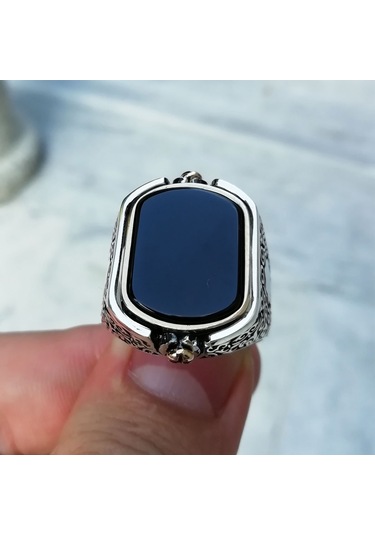 Fkgümüş Osmanlı Tuğrası İşlemeli Siyah Taşlı Çift Taraflı Erkek Yüzük