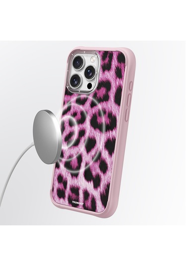 İphone 15 Pro Max Uyumlu Kılıf M-safe Şarj Özellikli Youngkit Leopard Serisi Kapak Pembe