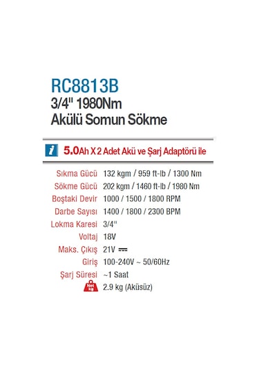 Rotake RC8813B 3/4 1980NM 20V 5Amper Kömürsüz Motor Darbeli Somun Sökme Sıkma Makinesi
