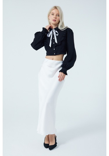 Fiyonk Fırfır Detaylı Poplin Gömlek Siyah