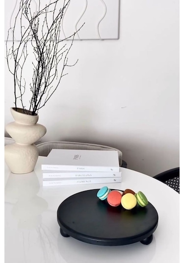 Risus Siyah Top Ayaklı 29 Cm Ahşap Yuvarlak Pasta Sunum Tabağı