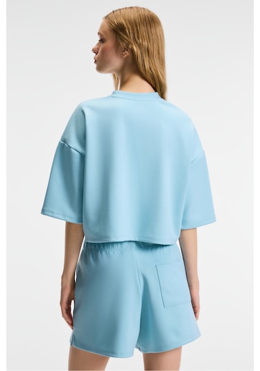 VELA Kadın Esnek Kumaşlı Bisiklet Yaka Oversize Fit Mavi T-Shirt