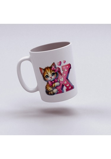 X Harfli Bardak, Sevimli Kedili Pembe Tasarım Bardak, Arkadaşa Aileye Hediye Porselen Beyaz