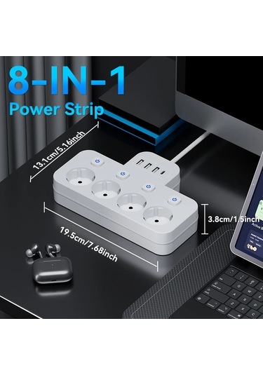 Xuweiwei Beyaz 8i 1 Arada Standart Eu Priz 4 Usb Portu Usb C Portlu Bagimsiz Anahtarlı 15m Uzatma Kablosu Ev Ofis İcin
