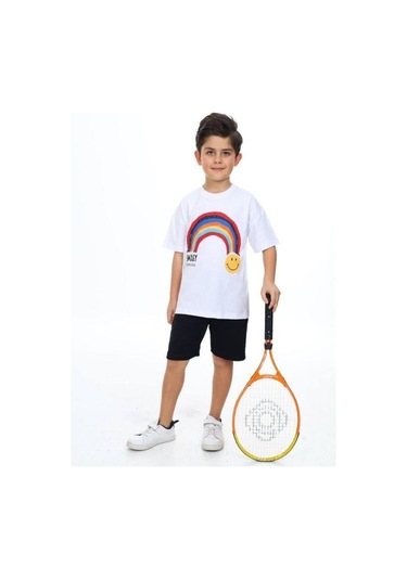 Erkek Çocuk Gülen Yüz Baskılı Tshirt-14166 Beyaz