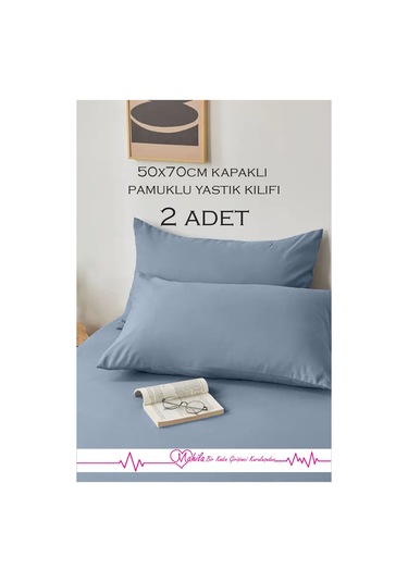 2 Adet Lüks Pamuklu Yastık Kılıfı 50x70 Kapaklı Model, Pamuklu Yastık Kılıfı Mavi